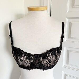 NWOT Roselle Vintage Black Lace Bra La Vie En Rose Embroidered Balconette Sz 36C